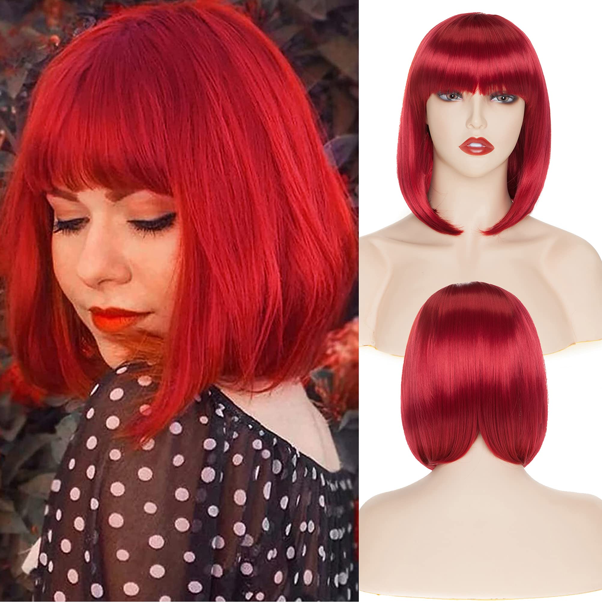S-noilite Short Bob Wigs for Women Heat Resist 12" Straight Synthetic Wig with Bangs Red Cosplay Party Bob Cut Hair Wigs Fancy Dress Halloween