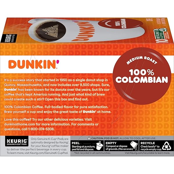 DUNKIN’ 100% COLOMBIAN MEDIUM ROAST COFFEE, 10 KEURIG K-CUP PODS