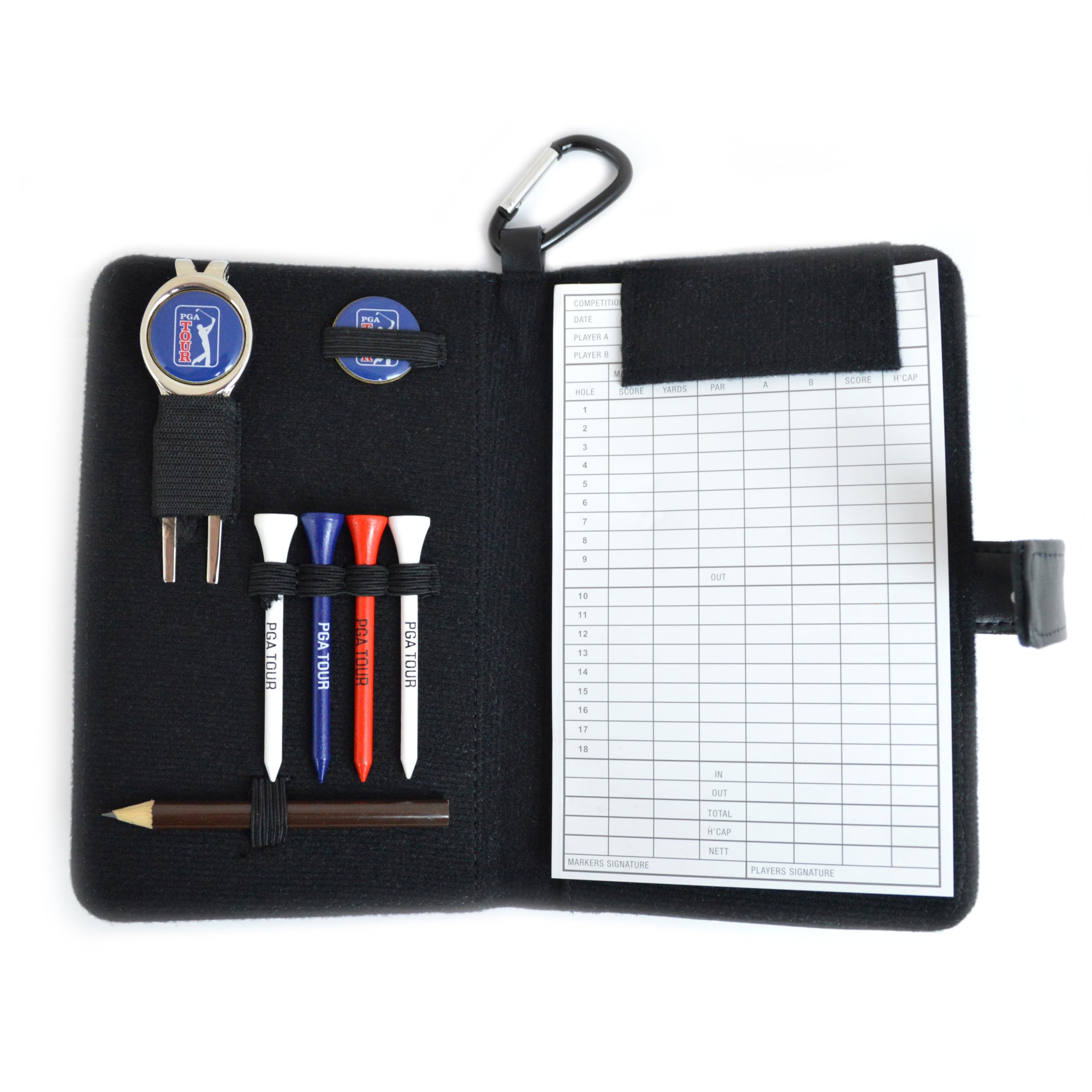 PGA Tour Real Leather Golf Organiser with Scorecard, Holder and Accessories - Black, H23.5, W14.5, D2.6cm.