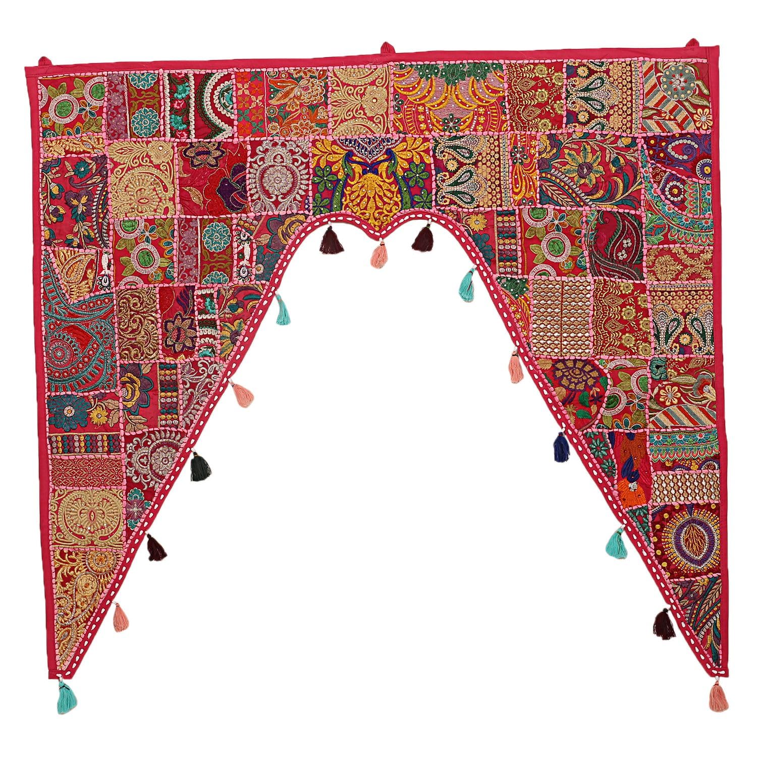 Stylo Culture Ethnic Cotton Swag Curtain Large Door Valance Bedroom Pink Vintage Embroidered Patch Work Floral Scarf Curtain Topper Living Room Window Covering Hanging Toran Gate | 45 x 41 Inches