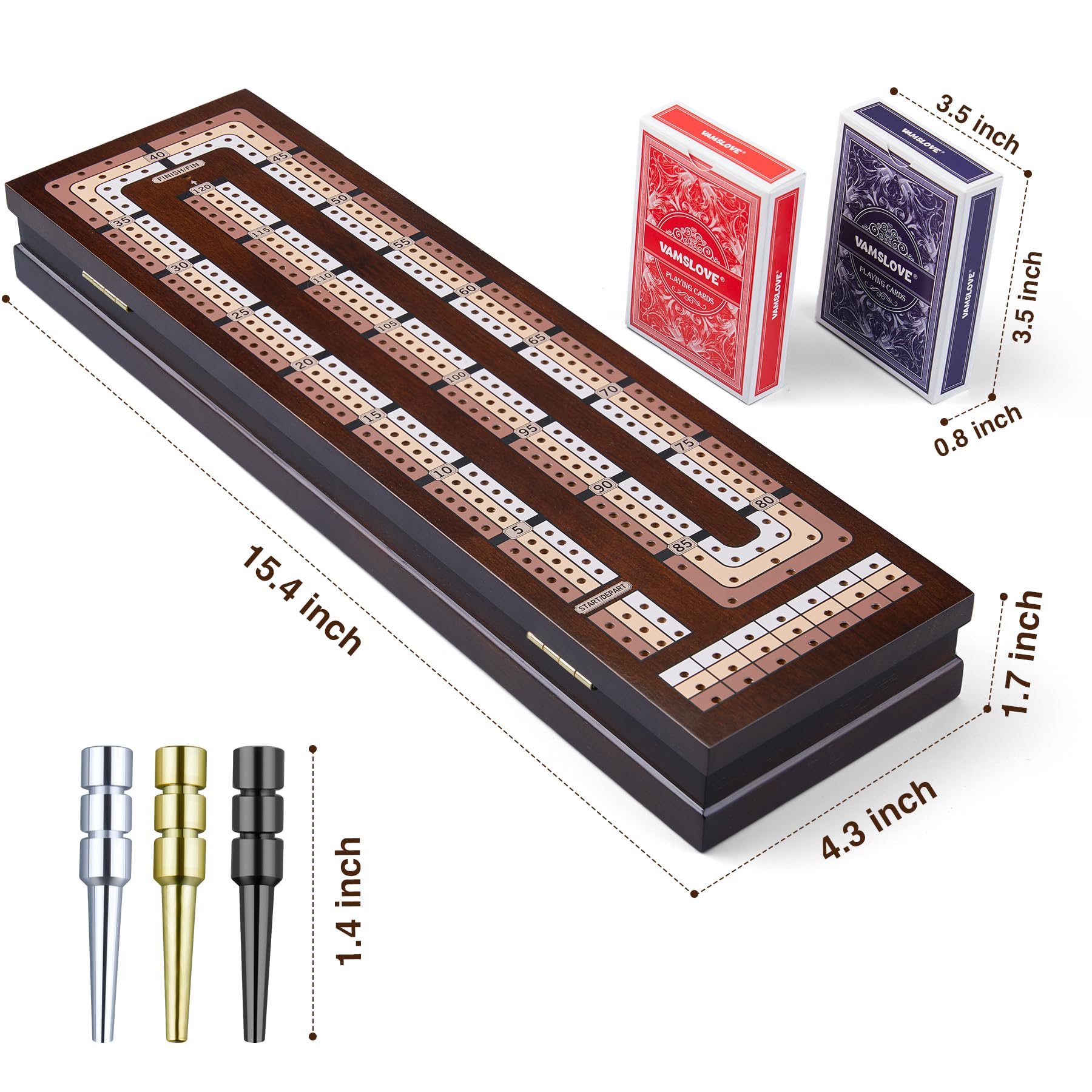 VAMSLOVE Wooden Cribbage Board Game Magnetic 3-Track Scoreboard with Large Slots for Storing 2 Playing Cards and 9 Metal Pegs, Travel Family Game Night (Instruction Included