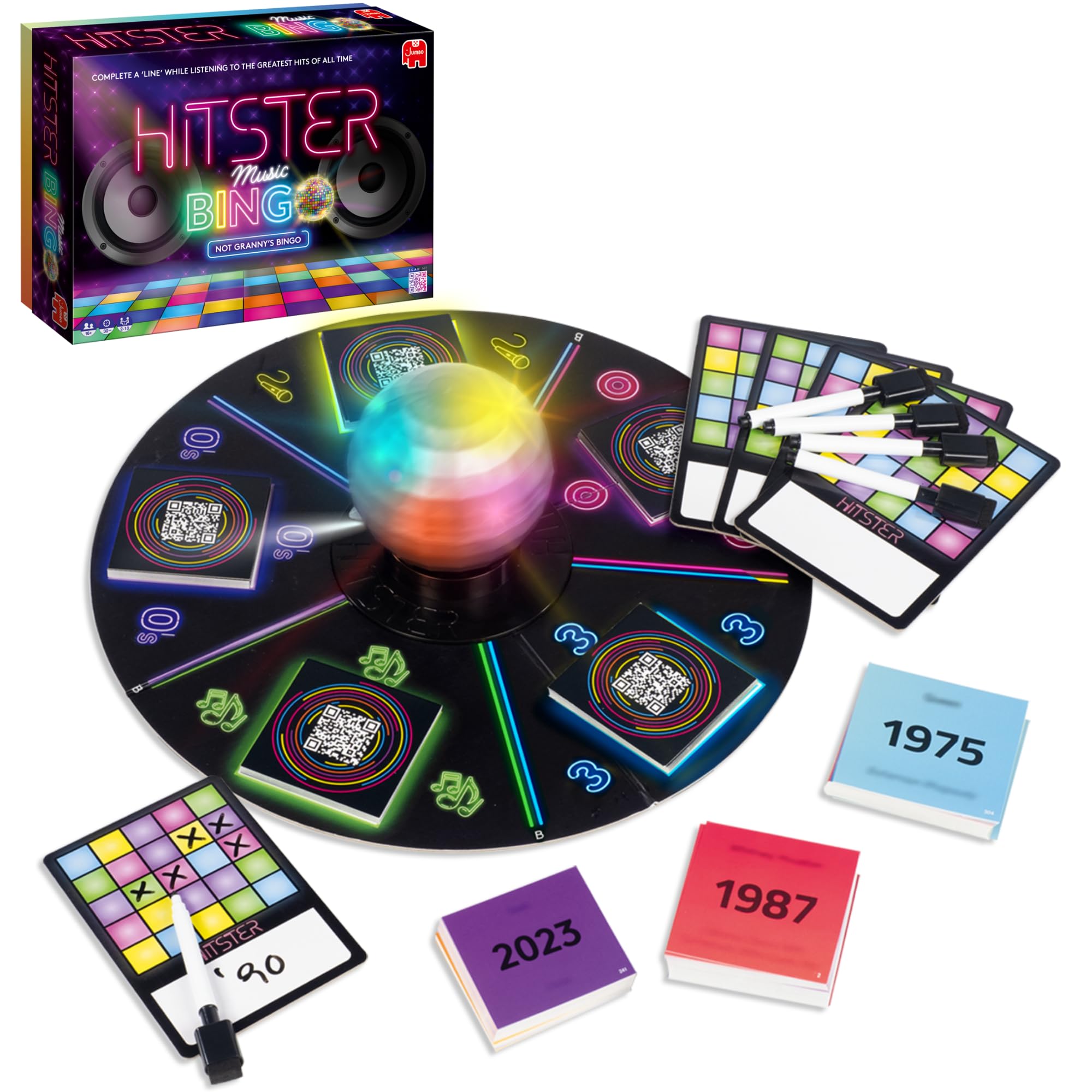 Hitster Bingo - The Music Trivia Game for Adults - Quiz Games for Party, Date Nights & Family Games Night Activity - Guess that Tune Bingo Game with Electronic Disco Ball & 225 Iconic Songs (UK)