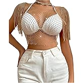 RARITYUS Women Sparkle Rhinestone Mesh Crop Top Sexy Fringe Shoulder T Shirt Hollow Out Crystal Tank Tops Party Clubwear