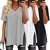 Huukeay 3 Pack Oversized Shirts for Women V Neck Workout T Shirt Casual Side Split Tee Short Sleeve Loose Tops Tunic Tops