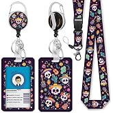 Giancomics Day of The Dead Lanyards for Id Badges, Sugar Skull ID Badge Holder with Lanyard Badge Reel Retractable, Spooky Lanyard with ID Holder Keychain Clip Name Tag ID Card Holder Women Office