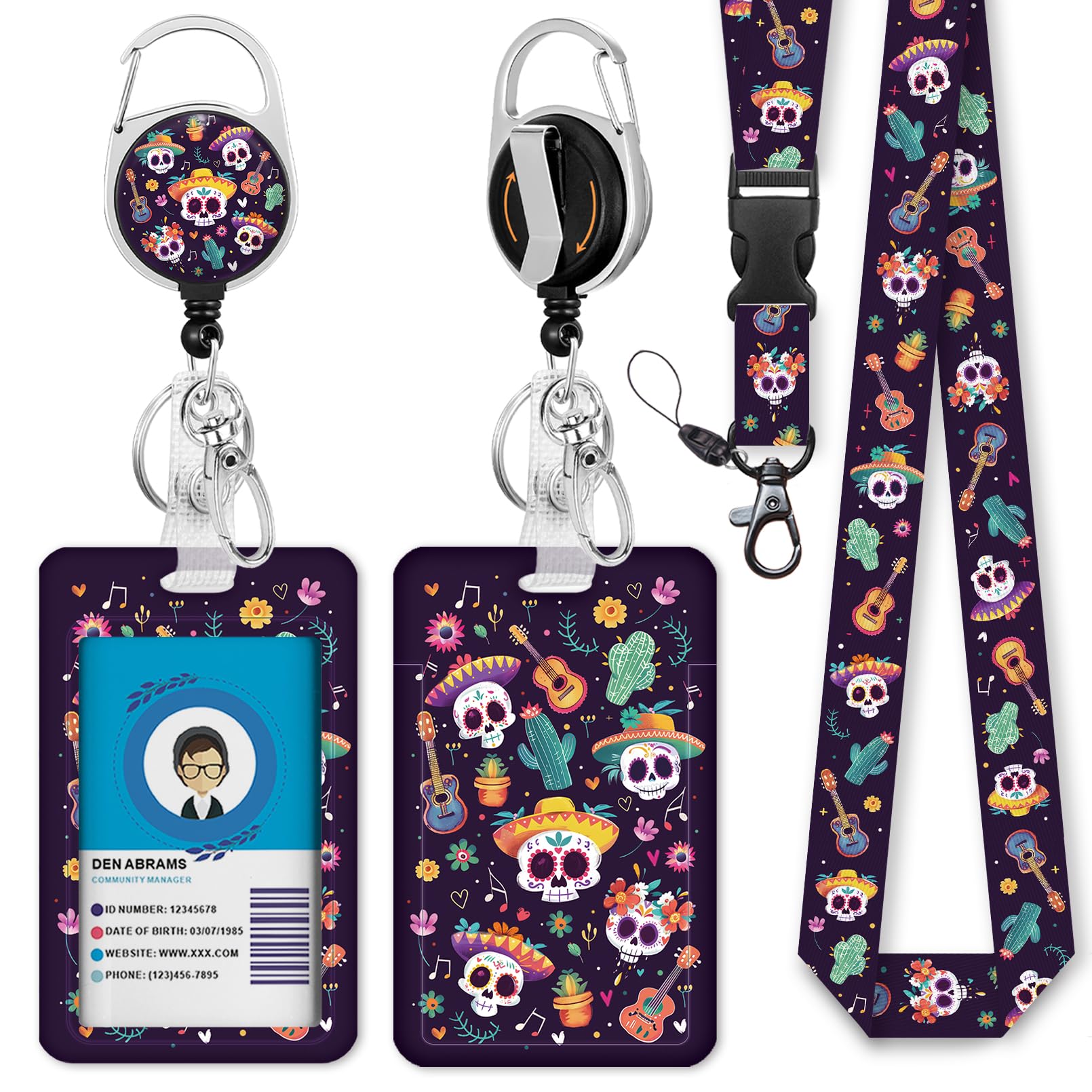 Photo 1 of **MISSING CHANGEABLE CLIP*** Giancomics Day of The Dead Lanyards for Id Badges, Sugar Skull ID Badge Holder with Lanyard Badge Reel Retractable, Spooky Lanyard with ID Holder Keychain Clip Name Tag ID Card Holder Women Office