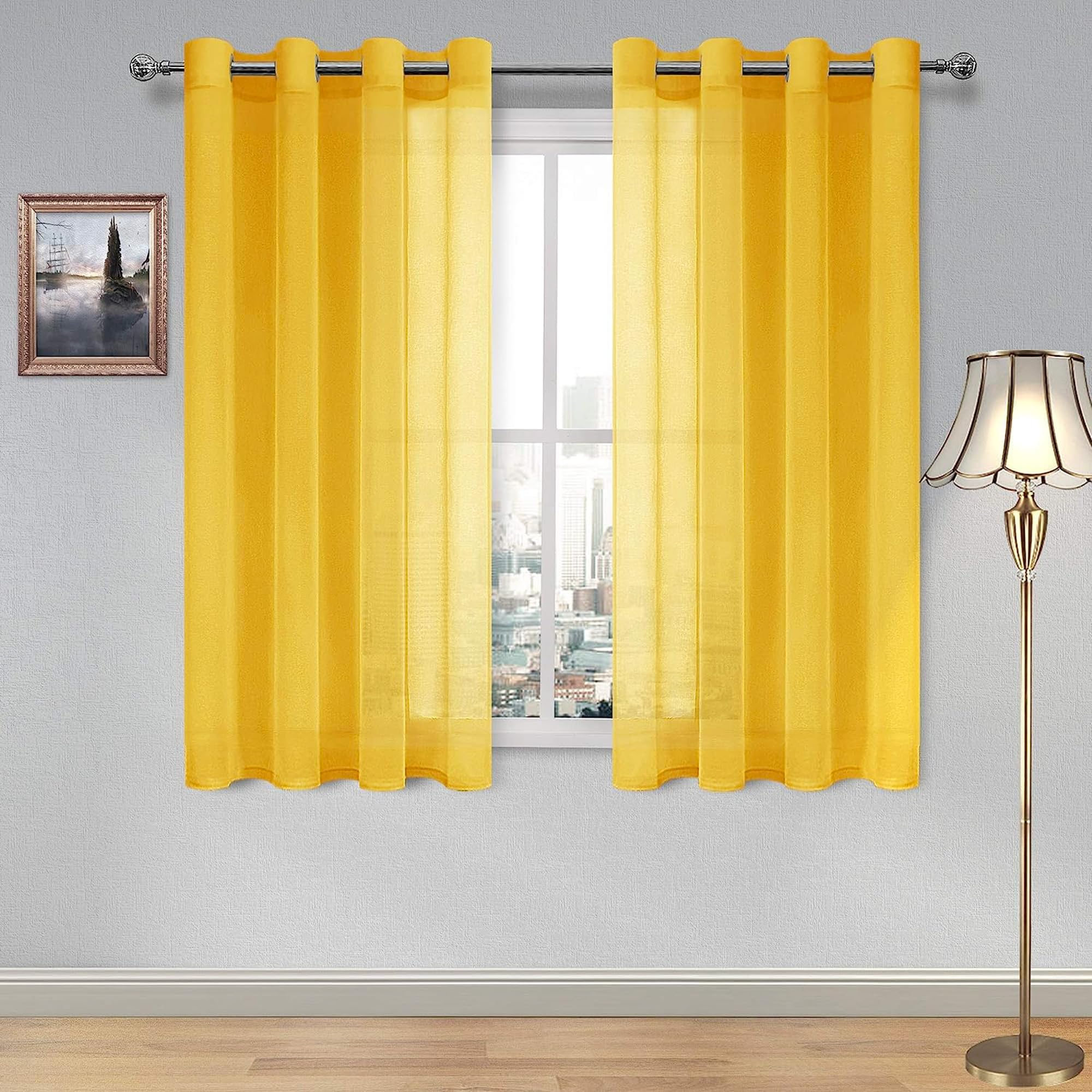 DWCN Yellow Faux Linen Sheer Curtains - Grommet Voile Window Curtain Drapes for Bedroom Living Room 52 x 54 inch Length, Set of 2