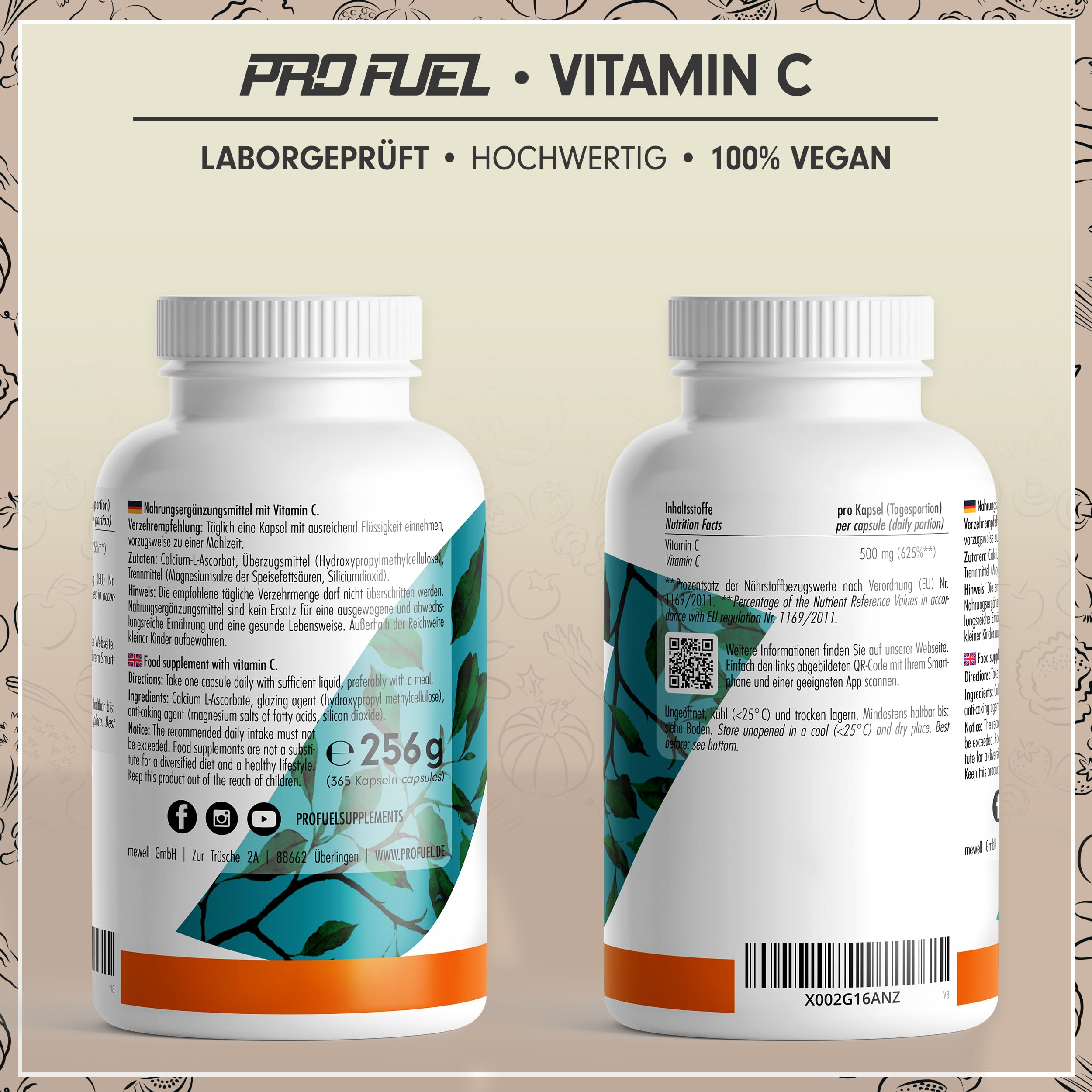 Vitamin C Kapseln 365x mit 500 mg Vitamin C gepuffert - hochwertiges Calcium-Ascorbat - zur täglichen Einnahme - laborgeprüft mit Zertifikat - 100% vegan - Jahresvorrat 6
