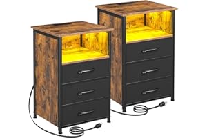 LOAKEKEL Night Stand Set 2, LED Nightstand with Charging Station, End Tables with 3 Fabric Drawers, Bedside Table with USB Type C Port and Outlets for Bedroom, Rustic Brown, HNS033BR