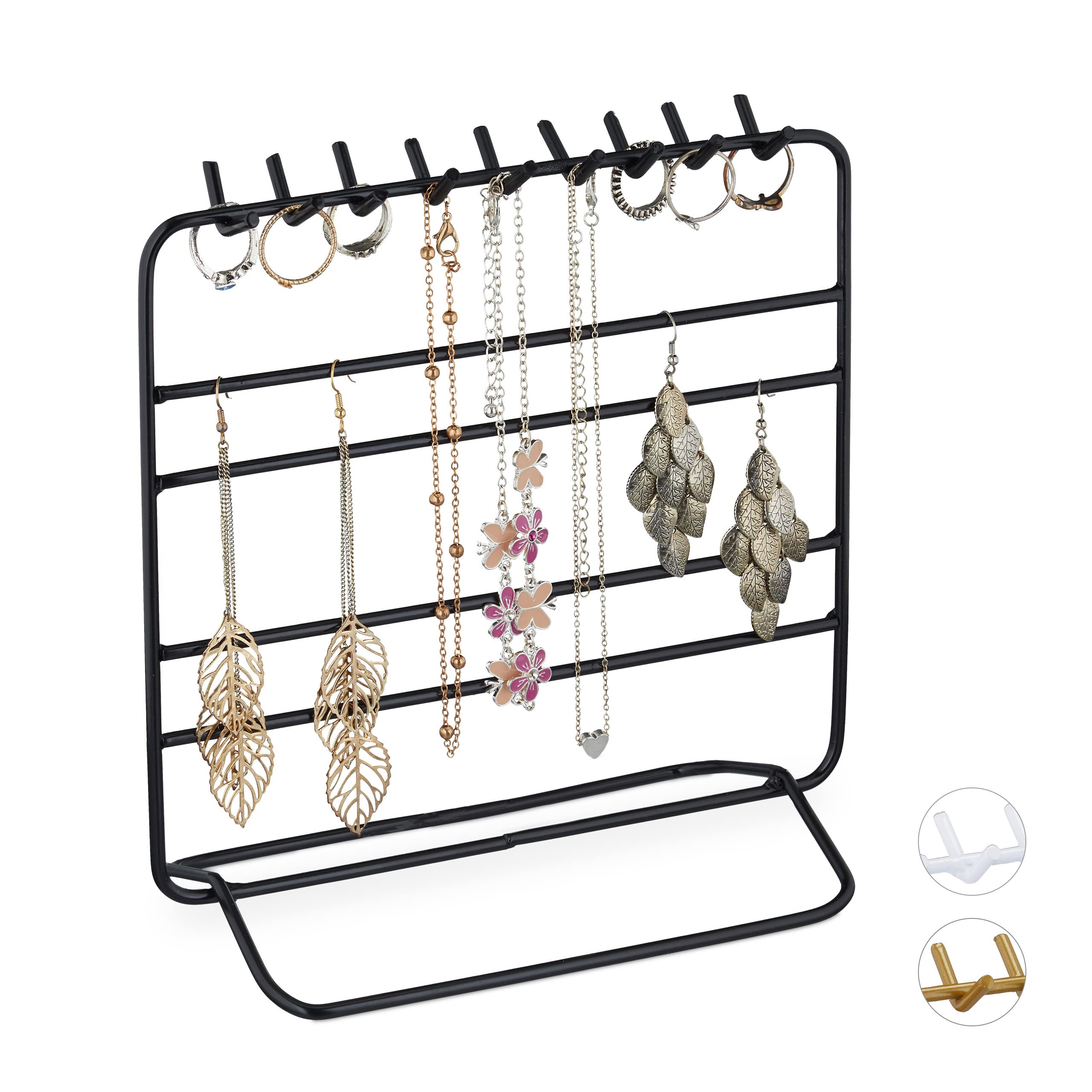 Relaxdays Jewellery Stand, Necklaces, Earrings, Bracelets, Iron, H x W x D 21 x 20 x 10 cm, Black