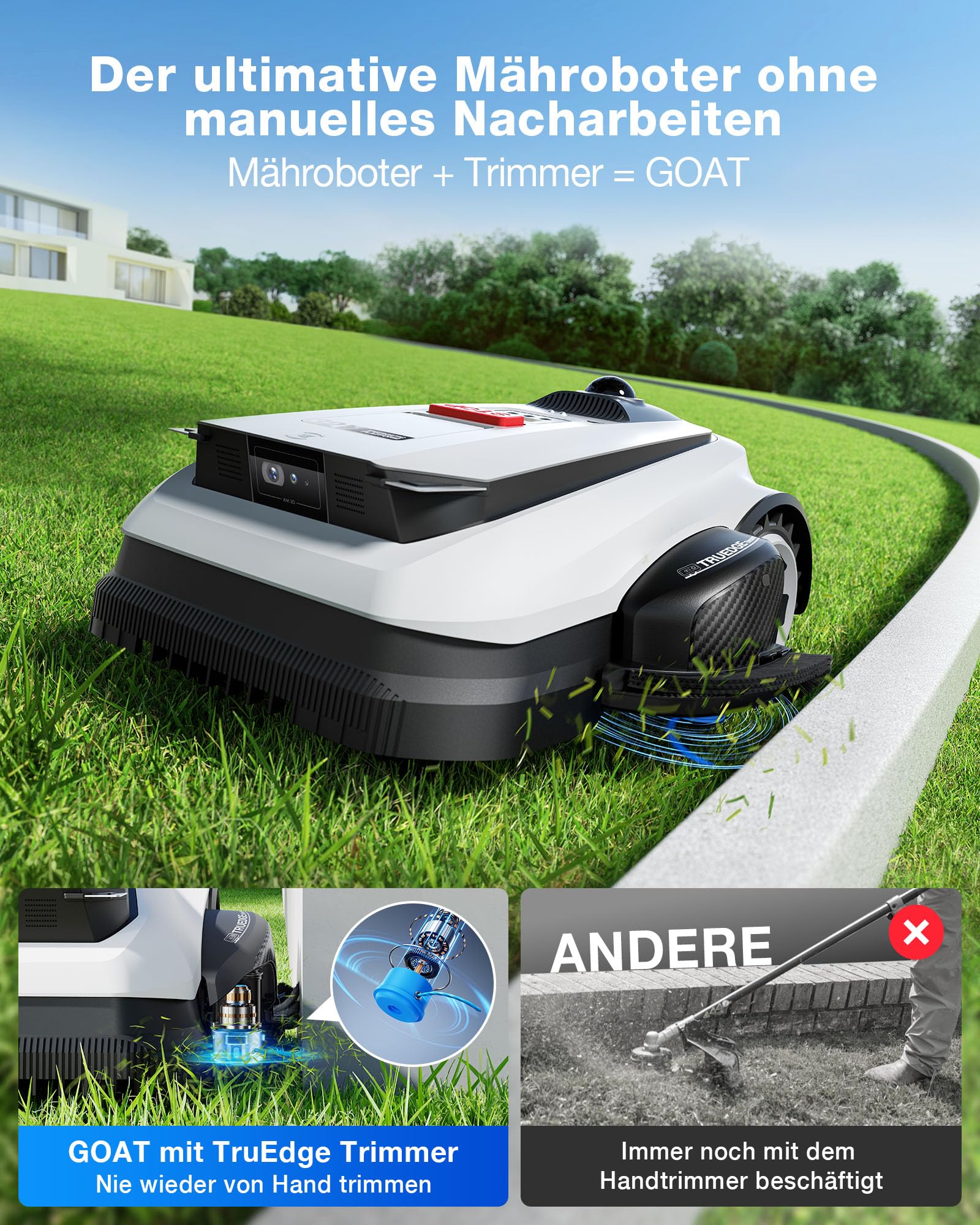 ECOVACS GOAT A1600 LiDAR PRO Care Kit Mähroboter ohne Begrenzungskabel, 1.600 m², 360° Dual-LiDAR-Navigation, automatische Kartierung, KI-3D-Hindernisvermeidung, superschnelles Laden, 50 % Steigung 3