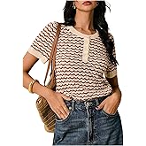 MakeMeChic Women's Geo Knit Top Crew Neck Short Sleeve Button Front Summer Lightweight Sweater Top