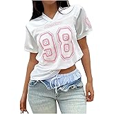 RoseSeek Women's Mesh Number Jersey Shirt Short Sleeve Sports Football Tshirts V Neck Summer Graphic Tees