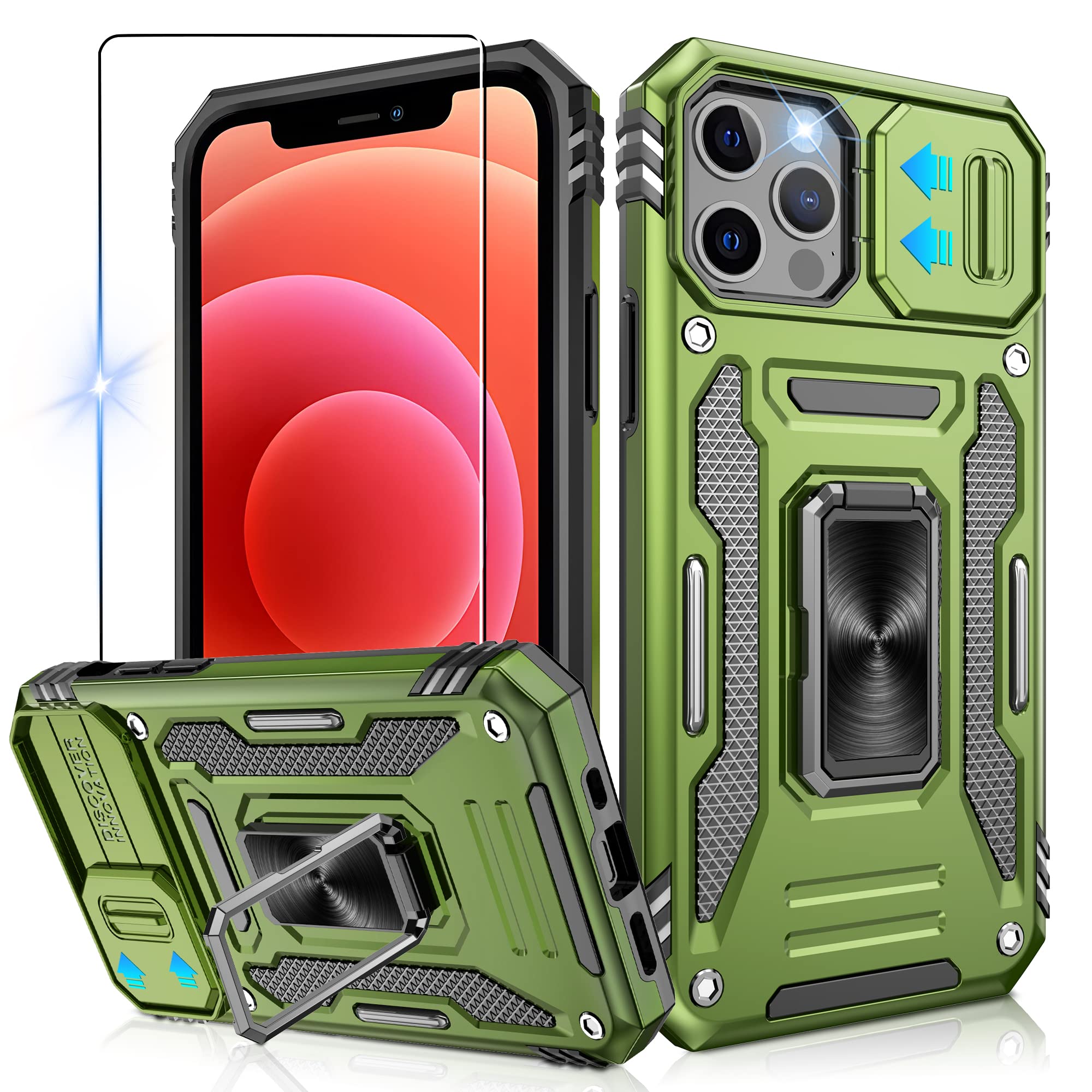 Jshru for iPhone 12/12 Pro Case with Slide Camera Cover,Ring Kickstand,Military Grade Shockproof,Anti-Scratch Armour Phone Cover for iPhone 12/12 Pro,Green โ image 1