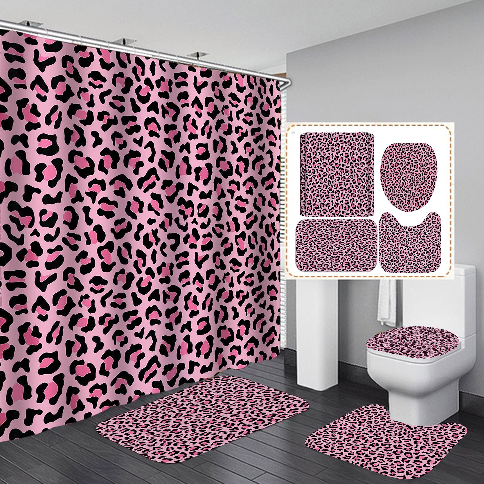 Photo 1 of ***MISSING PIECES*** ***READ CLERK NOTES*** Camille&Andrew 4PCS/Set Pink Leopard Print Shower Curtain, Sexy Fancy Chic Safari Wildlife African Wild Animal Jaguar Cheetah Skin Pattern Bathroom Decor for Girl, Non-slip Bath Rugs Toilet Mats, Pink
