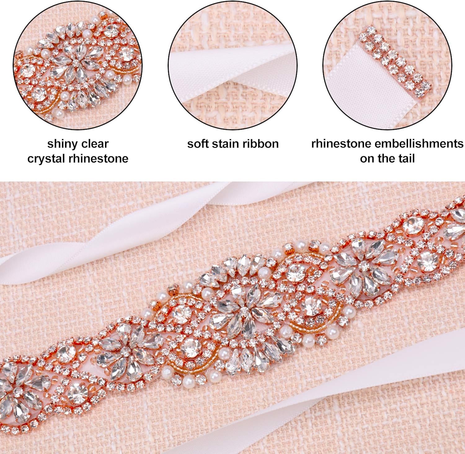 Tendaisy Women's Clear Crystal Rhinestone Sash Wedding Belt for Bridal Gowns(Rose-White) at  Women’s Clothing store