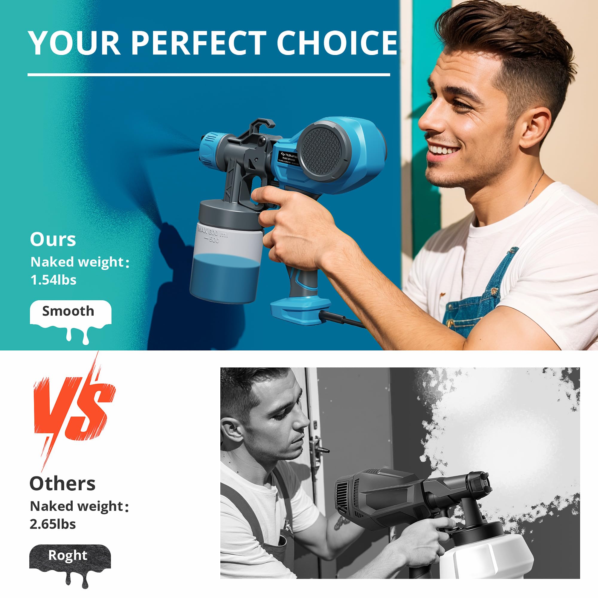 Tilswall Paint Sprayer, Ultra Light Fence Paint Sprayer Gun with 4 Nozzle Sizes, 3 Sprayer Patterns Ideal for Fences, Sheds,Garden, Furniture, Walls and Ceilings