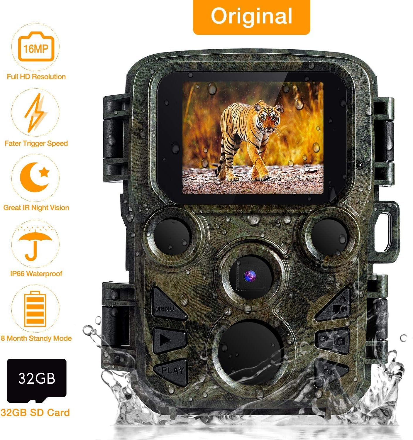 FLAGPOWER Mini Trail Camera16 MP 1080P Waterproof Hunting Scouting Camera for Wildlife Monitoring with Night Vision Motion Activated Upgraded IP66 Waterproof 0.2s Trigger Time