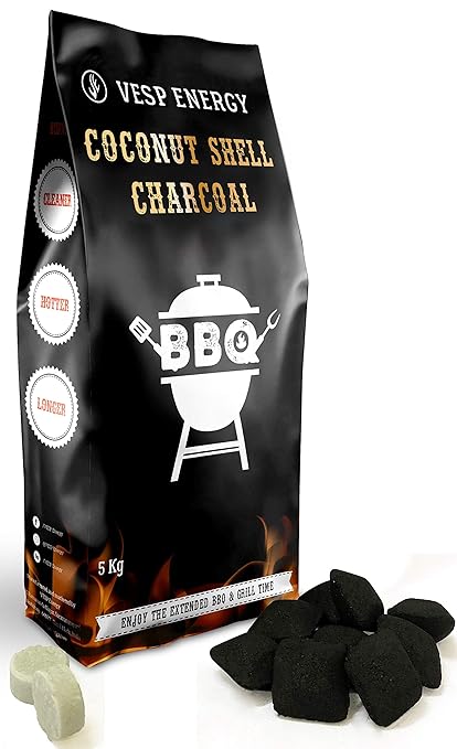 VESP ENERGY Coconut Shell Charcoal Briquettes for Barbecue (5 kg), Long Stable Burning!! Free!!