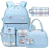 Backpack for Girls 15.6 Inch Laptop School Bag Kids Elementary College 3pcs Backpacks Lunch box Pencil Case Set Bookbags for Girls Teen Women Student Blue