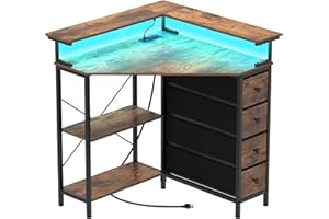 Corner Computer Desk with Drawers & Shelves, 90° Small Space Triangle Desk with Power Outlets & LED Lights, Gaming Writing Ta