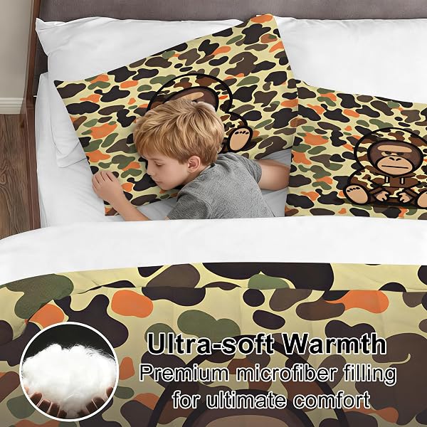 VTKON CAMOUFLAGE BEDDING SET FULL/QUEEN FOR BOYS KIDS TEENS AUDLTS CARTOON GORILLA COMFORTER SET CAMO ARMY GREEN MILITARY BED SET FOR BEDROOM HIP HOP ART QUILT SET WITH 1 COMFORTER + 2 PILLOWCASES