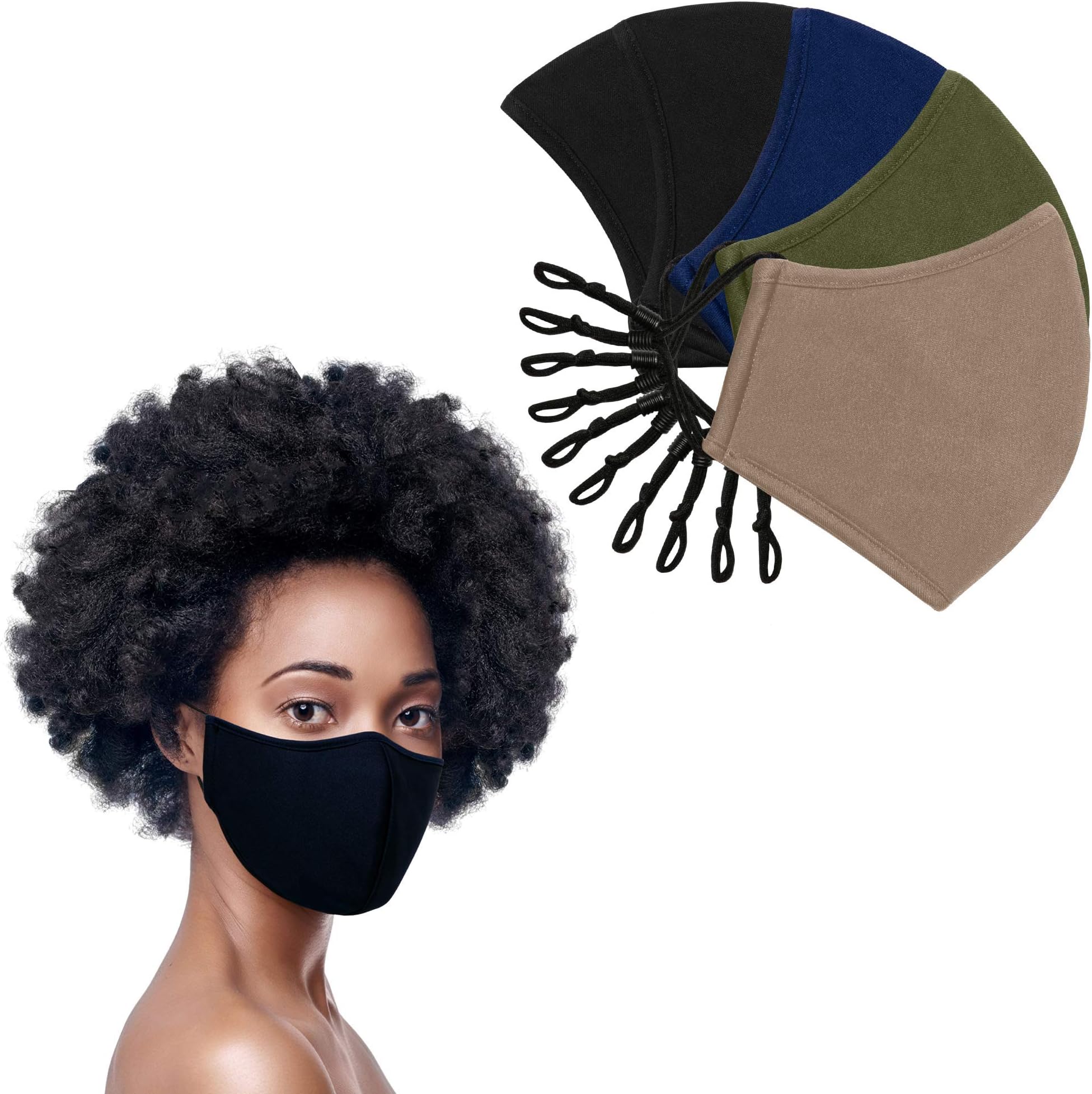 Jill Zarin - 5-Pack Adjustable 3-Ply Adult Face Mask - Machine Washable, Reusable, Soft and Breathable Cloth Mask with Filter, Droplet Guard and Adjustable Straps (2 Black, 1 Navy, 1 Olive, 1 Tan)