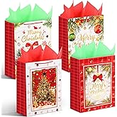 HAMUTH 4 Pack 16" Extra Large Christmas Gift Bags, Bulk Large Bags with Tissue Paper, Reusable Holiday Gift Bags with Handles for Christmas Gifting & Party Favors