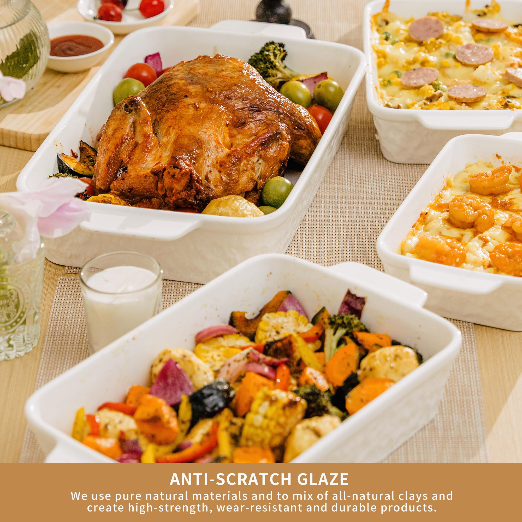 Dafuceramic Casserole Dishes for Oven, Baking Dishes, Ceramic Bakeware Sets of 4, Rectangular Baking Pan Set with Handles for Baking, Casserole, Kitchen, Wedding Gift,White