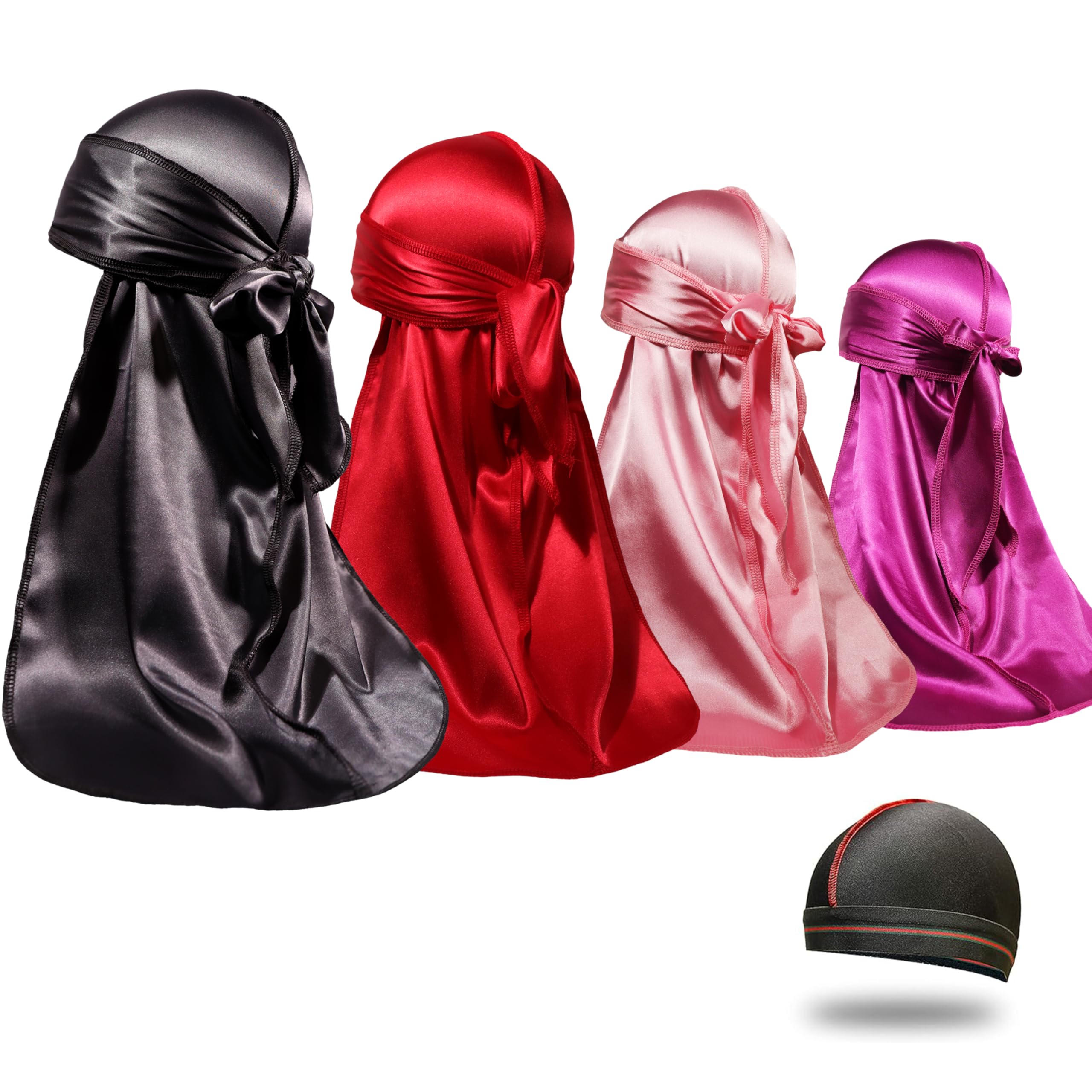Photo 1 of 4PCS Silky Durags for Men Women 360 Waves with 1 Wave Cap, Silky Satin Durag Extra Long Tails