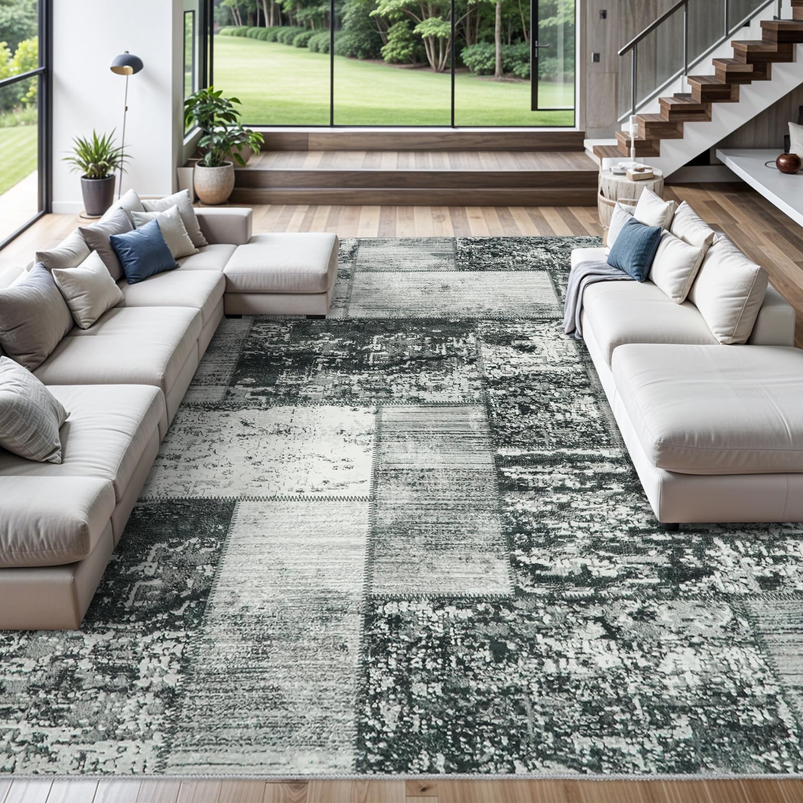 Photo 1 of RUUGME Abstract 10X14 Washable Rug - Area Rugs for Living Room Large Indoor Ultra Thin mat for Bedroom Stain Resistant Non-Slip Backing Distressed Soft Room Farmhouse Floor Carpet 10X14 Black V