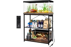 TC-HOMENY Fish Tank Stand 10/20/29/37 Gallon, Aquarium Stand with Charging Station,1000LB Capacity ,31" L x 16" W Metal Reptile Tank Stand, Double Storage Design Adjustable Boards, Brown(Tank not Included)