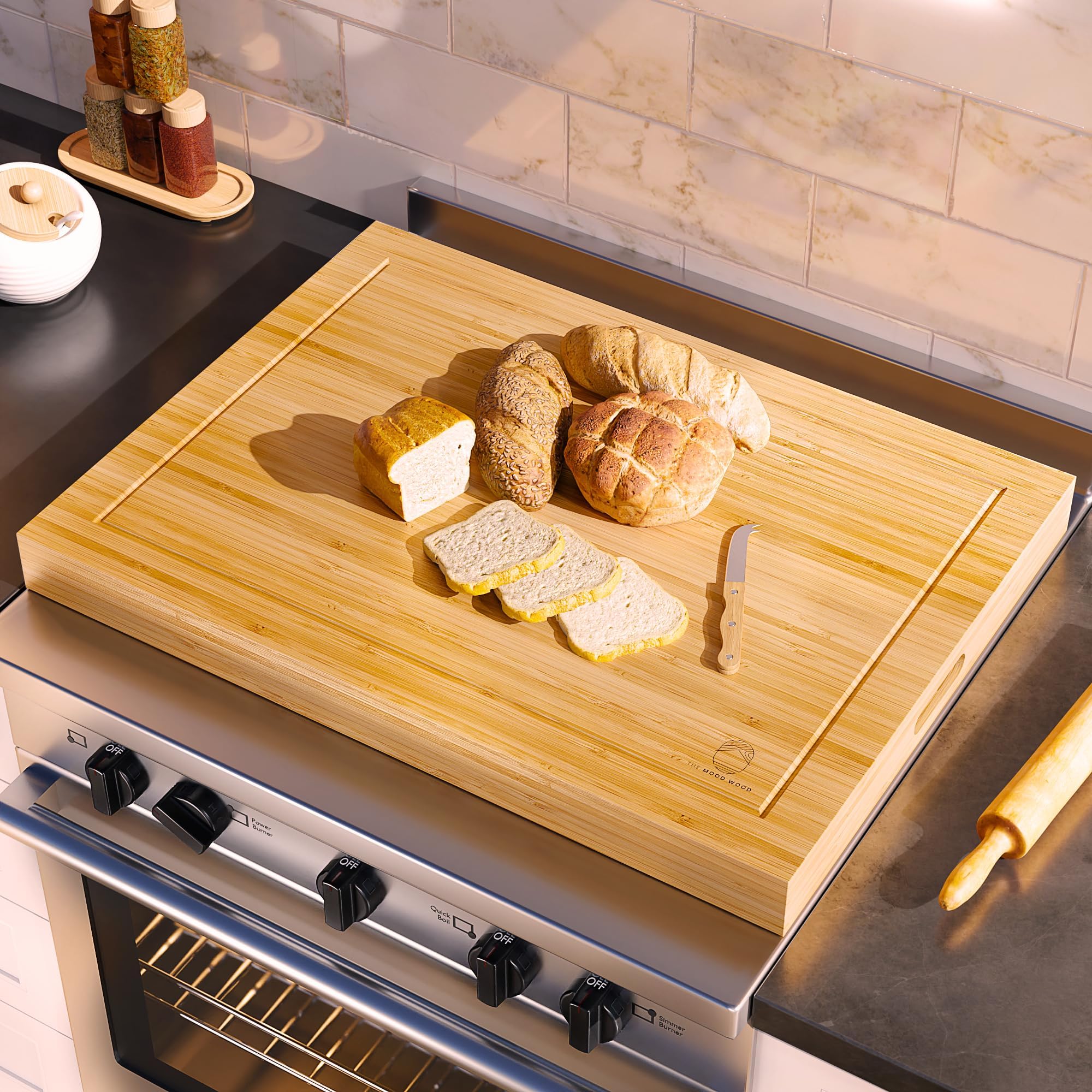 Photo 1 of The Mood Wood Noodle Board Stove Cover Cutting Board with Handle with Care Brush and FSC Certification - Multiuse Gas Stove Cover Board for Serving Chopping Decorating, 30" x 22"