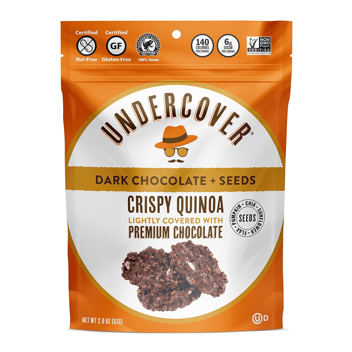 UNDERCOVER Chocolate Crispy Quinoa Snack - DARK CHOCOLATE + SEEDS - Gluten-Free, Nut-Free (sunflower, pumpkin, chia and flax seeds)