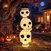 5FT Light Up Skeleton Halloween Decorations Outdoor, 60 Lights Yard Decor | Large Lighted Skeleton Halloween Decor with 3 Stacked Skulls for Yard, Lawn, Garden, Porch, Graveyard and Halloween Party