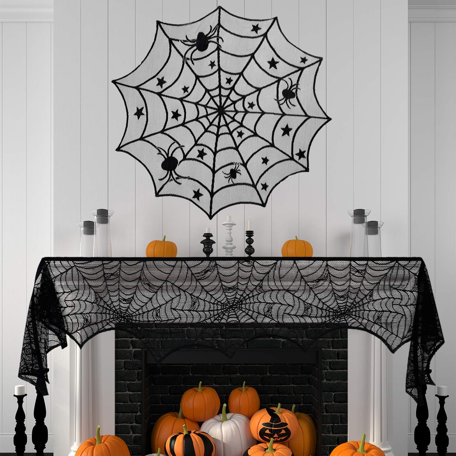 Trentixel 4 Pcs Halloween Decorations Set, Halloween Tablecloth Spooky Bat Spiderweb Lace Rectangular Tablecloth, Round Lace Table Cover, Halloween Lamp Shades and Fireplace Scarf Cover