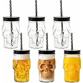 TOPZEA 6 Pack Mason Jars Mugs, 16 oz Glass Skull Mason Drinking Mugs Tumbler Cup with Straws Old Fashioned Jar Drinking Glasses Heavy Base for Beverage, Brandy, Liquor, Jello