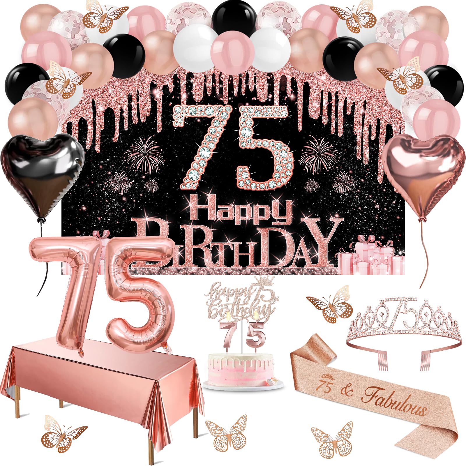 Photo 1 of 75th Birthday Decorations for Women, 49pcs Black Rose Gold Black Happy 75th Birthday Banner, Tablecloth, Butterfly Decor, Sash and Tiara, Cake Topper, Candles, Balloons Arch