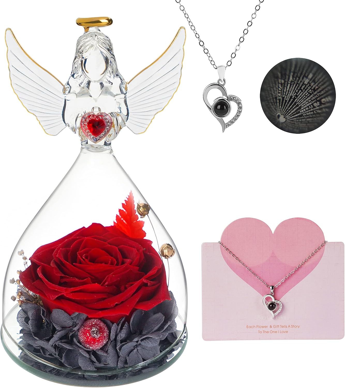 Dried & Preserved Flora - Lafloraita Mothers Day Rose Gifts for Women Mom Grandma Wife,Glass Angel Figurines with Necklace,Preserved Flowers Red Real Rose on Anniversary Wedding Birthday