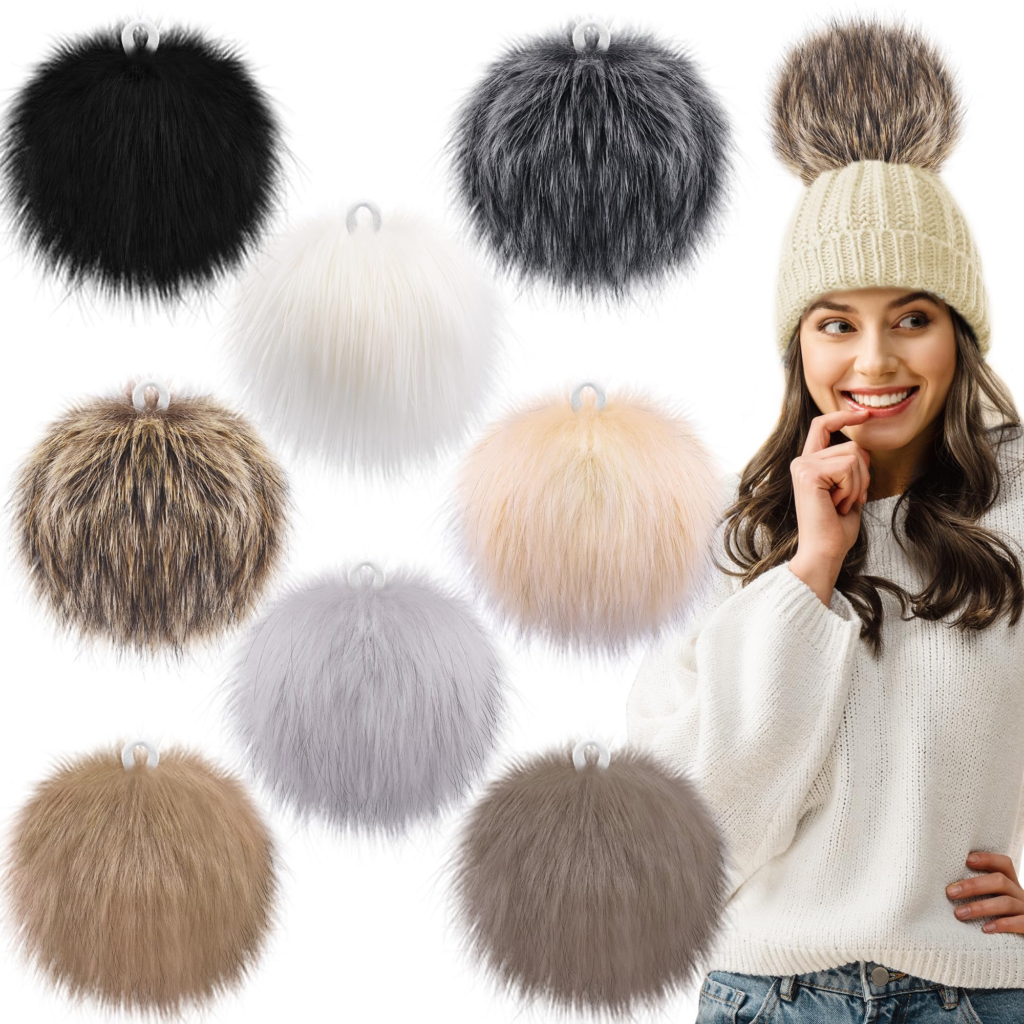 SIQUK 8 Pieces 6 Inch Large Faux Fur Pom Pom 15cm Faux Fox Fur Fluffy Pompoms with Elastic Loop for DIY Crafts Hats Beanies Keychain Scarves Bags, Soft Colour