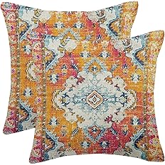 AELUTYSH Vintage Boho Pillow Covers 18X18 Inch Set of 2 Antique Ethnic Orange Teal Carpet Pattern Throw Pillow Covers Bohemia