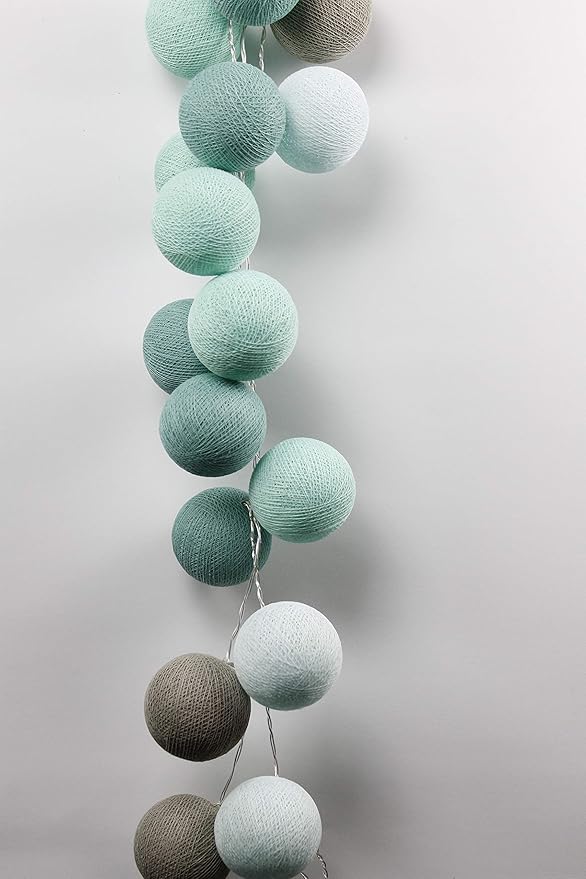 Cotton Ball Lights Mint 20 LED Lichterkette mit USB Anschluss, Baumwolle, Aqua Light Brown-Sea Green