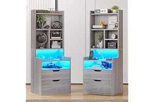 BTHFST Tall Nightstand Set of 2, LED Nightstand with Charging Station, Bedside Table with Shelves and 2 Drawers, Tall Side End Table with LED Lights and Storage, Grey