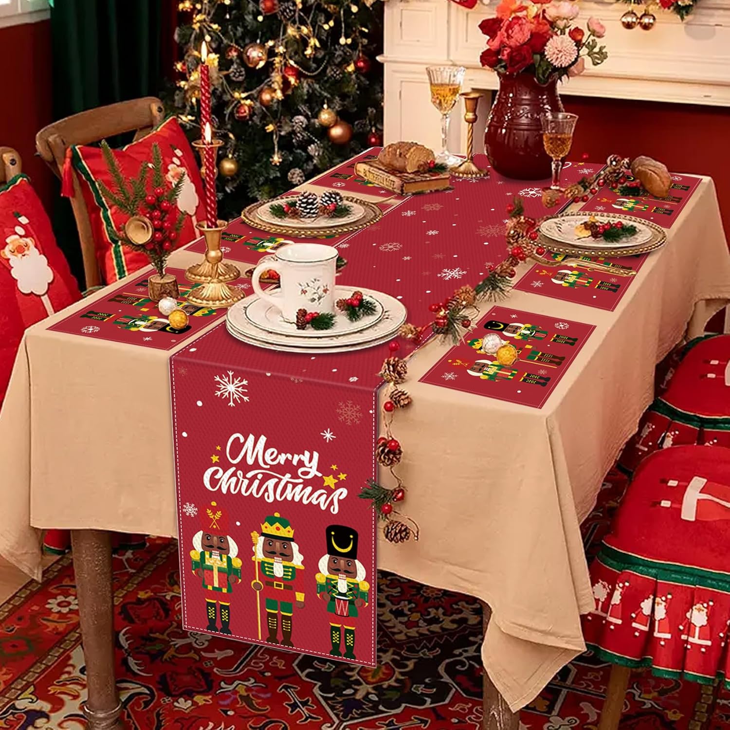 Nutcrackers - Kopinma 7pcs Nutcracker Table Runner Merry Christmas Decorations African American Nutcracker Seasonal Winter Xmas Holiday Kitchen Dining Table Decor Supplies for Home Christmas Party