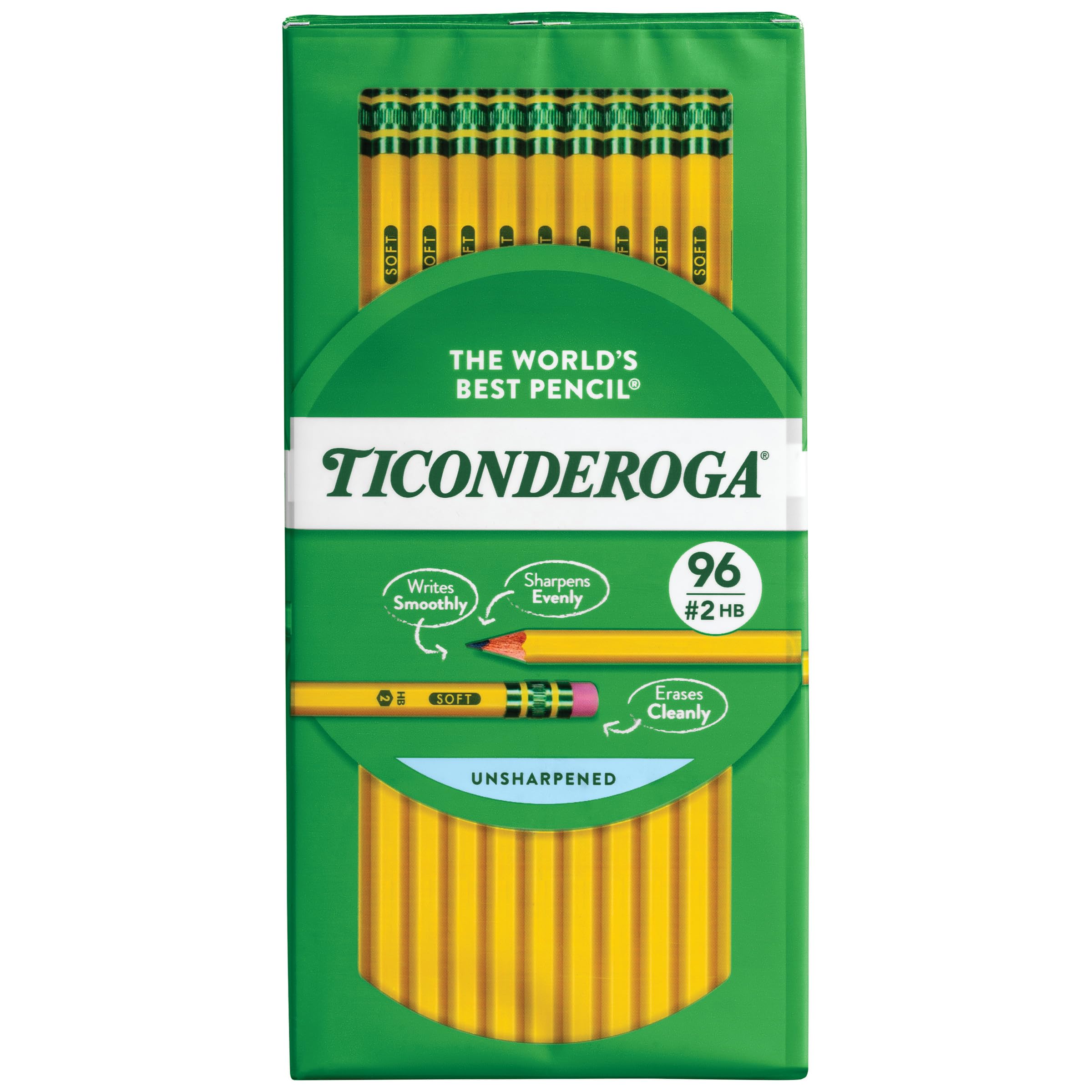 Ticonderoga Wood-Cased Pencils, Unsharpened, #2 HB Soft, Yellow, 96 Count