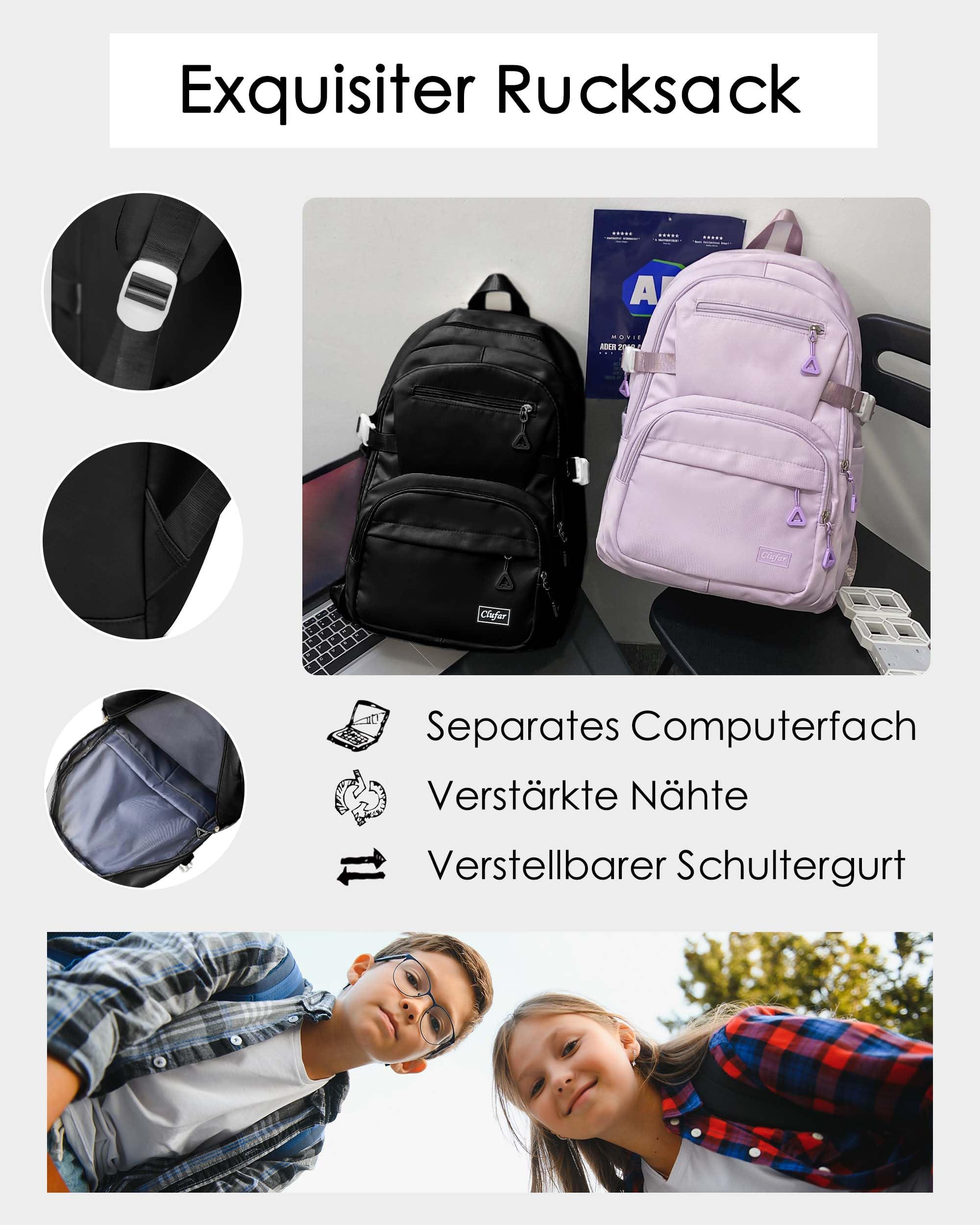 Clufar Schulranzen Jungen 5 Klasse Schwarz Leicht Schulrucksack Teenager Mädchen Wasserdicht Multi-Tasche Schultasche Mädchen Rucksack Schule Herren Schoolbag,Black 3