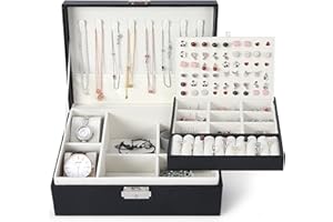 KTMOUW Jewelry Box, 2 Layer Large Jewelry Organizer PU Leather Travel Jewelry Case With Lock Vintage Jewelry Storage Display 