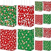 AmazingSpark 48 Pcs Christmas Kraft Gift Bags with Handles 4 Designs 5.91 x 3.15 x 8.27 Inches Xmas Paper Goody Bags Bulk for Treat Red and Green Holiday Party Favors Decoration Supplies(Cute)