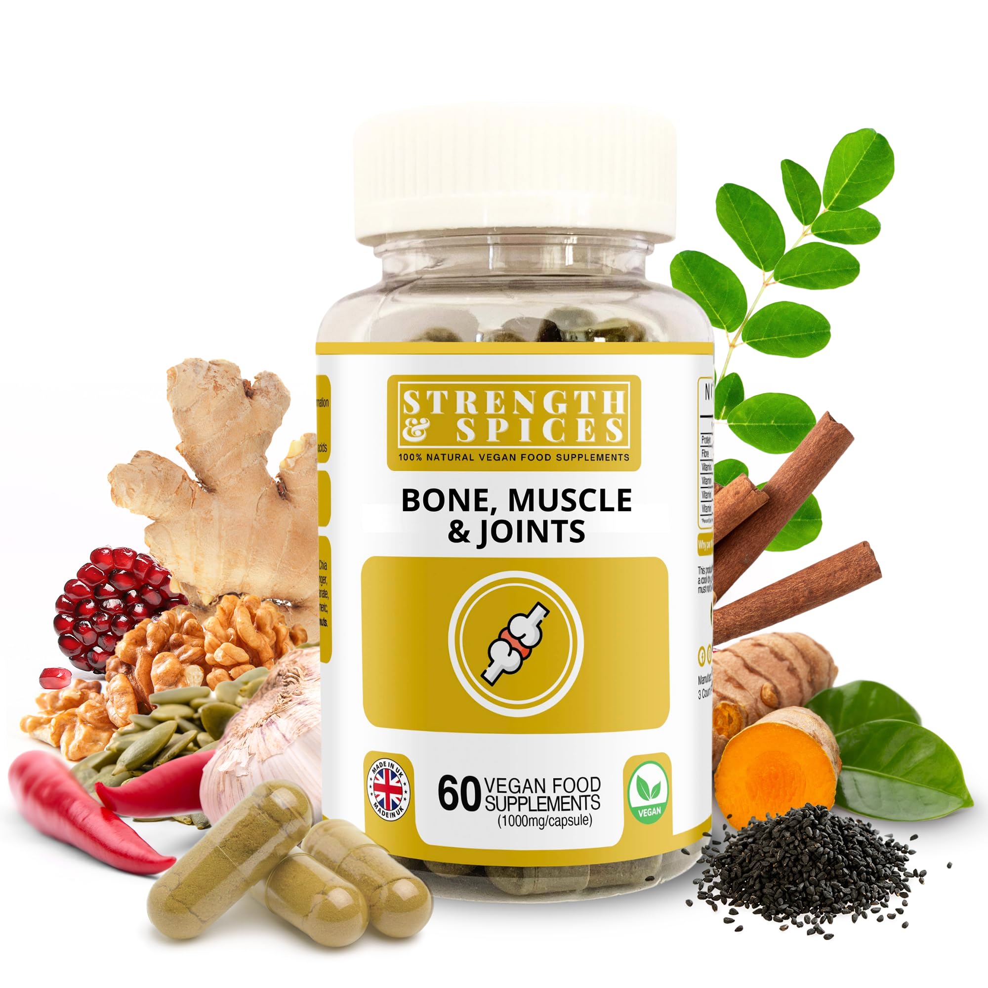 Strength & Spices Bone, Muscle & Joints 100% Natural Supplement – 28 Ingredients w Turmeric - 60 Vegan UK Made 1000mg Capsules – Mobility and Flexibility Support