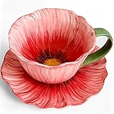JUSONEY 10 oz Tea Cups and Saucers, Ceramic Flower-shaped Cappuccino Cup, Latte Cup and Saucer set, elegant floral Espresso Cup set, cups are microwave and dishwasher safe-Red